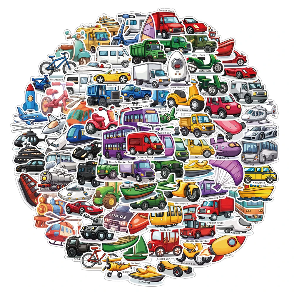 10/50/100/200pcs Transportation Cartoon Stickers Cute Engineering Vehicle Decals DIY Laptop Bike Waterproof Graffiti Sticker
