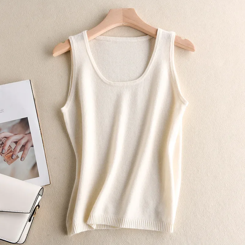 2024 New Cashmere Camisole Wool Vest Top Knitted Top With Solid Color Round Neck Wool Bottoming Shirt Inside And Outside Comfort