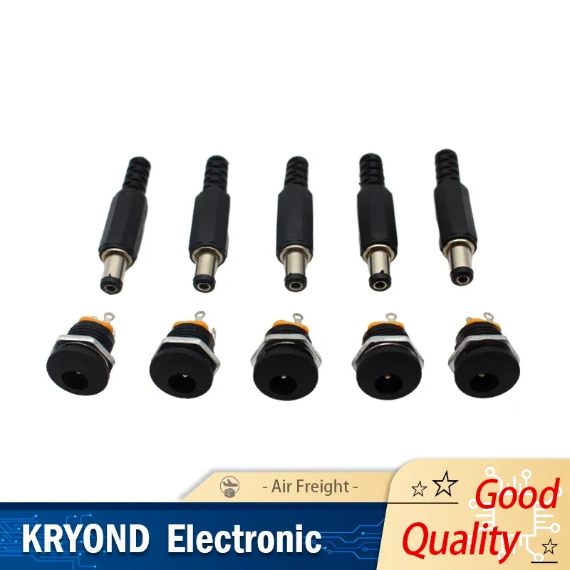 10PCS (5Pairs) DC12V 5.5 x 2.1mm Plastic Male Plugs DC022 Female Jack Screw Nut Panel Mount Connector