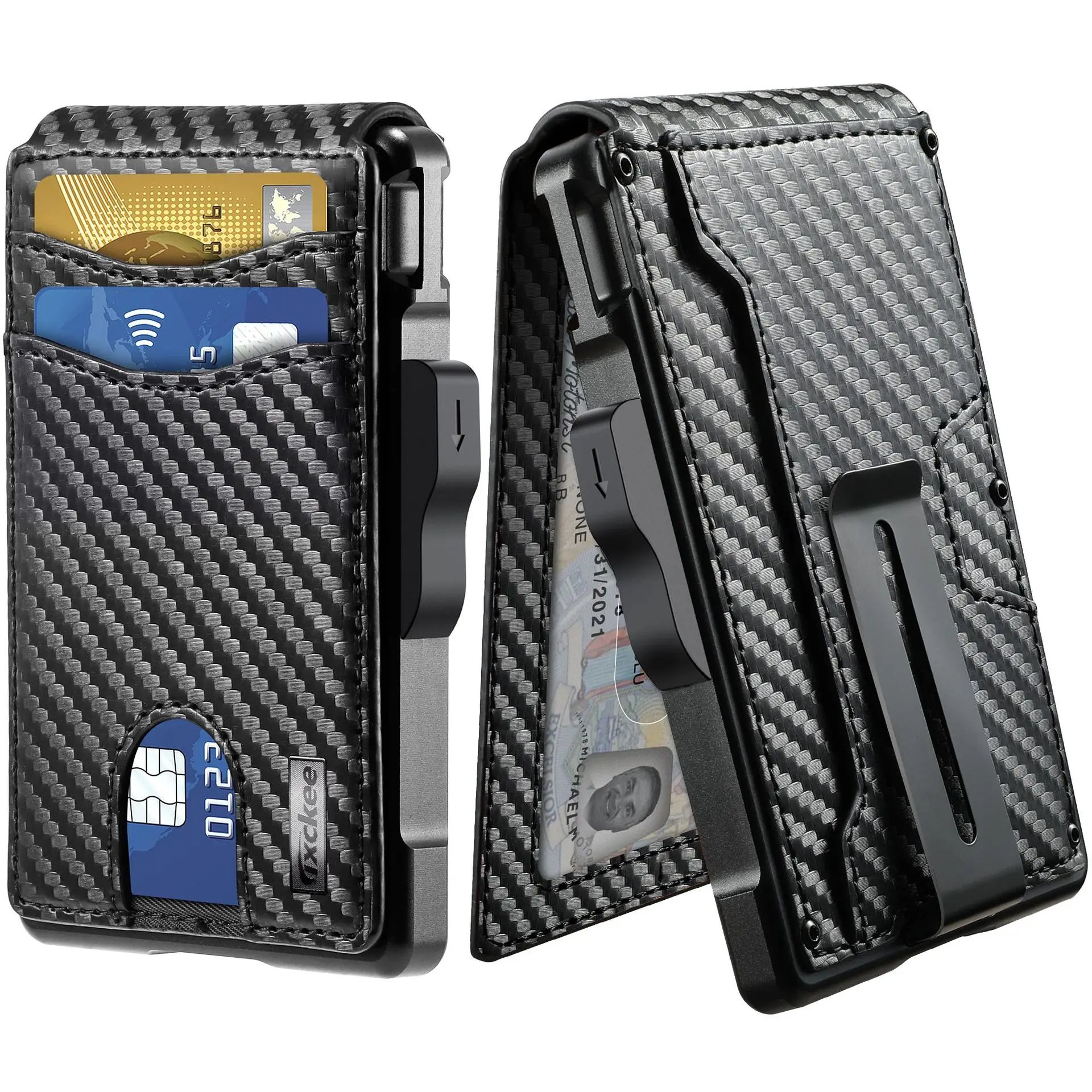 RFID Blocking Pop Up Card Holder Wallet for Men Carbon Fiber Texture PU Leather Aluminum Slim Money Clip ID Window