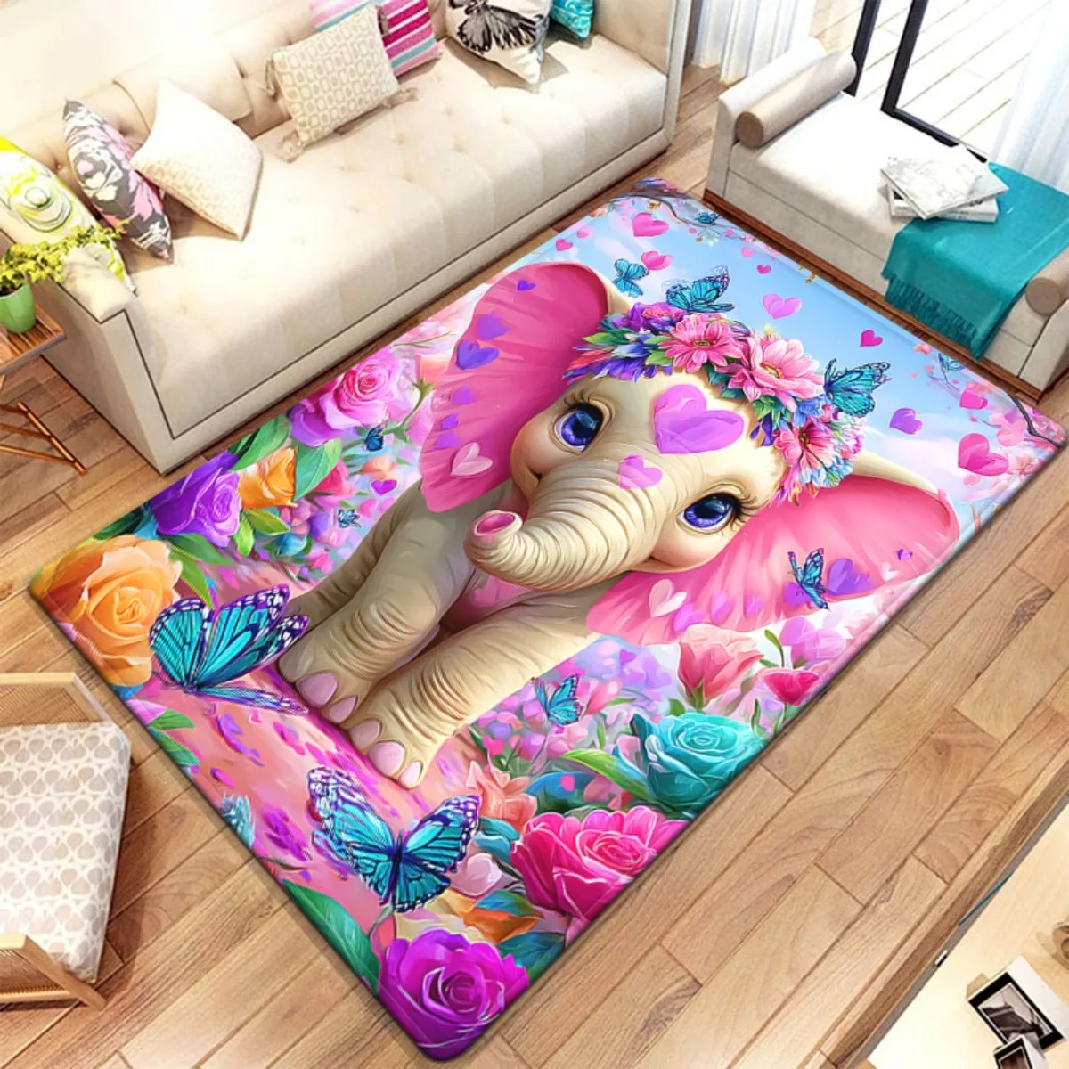 Heavy-Duty Elephant Print - Large Non-Slip Room Mat with Pink Elephant & Animal Design, Jumbo Size Thick, Machine Wa