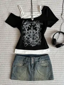 90年代復古龐克女款T卹 夏季街頭風 性感短袖哥德修身露臍上衣 辣妹休閒女用T卹 原宿Y2K 10 最佳銷售 千禧歌德 - №1
