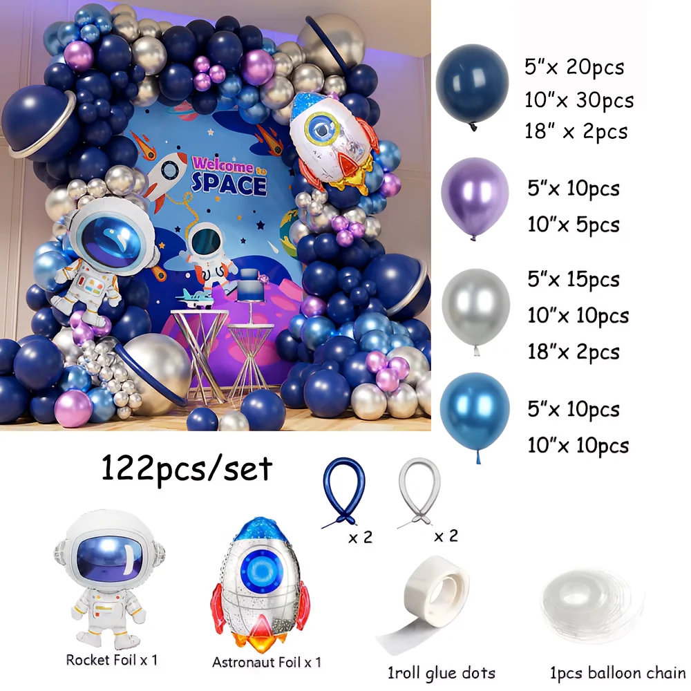 طقم إكليل بالونات الفضاء لرائد الفضاء مكون من 122 قطعة مع بالون من رقائق معدنية لرائد الفضاء لديكور حفلات أعياد الميلاد للأطفال