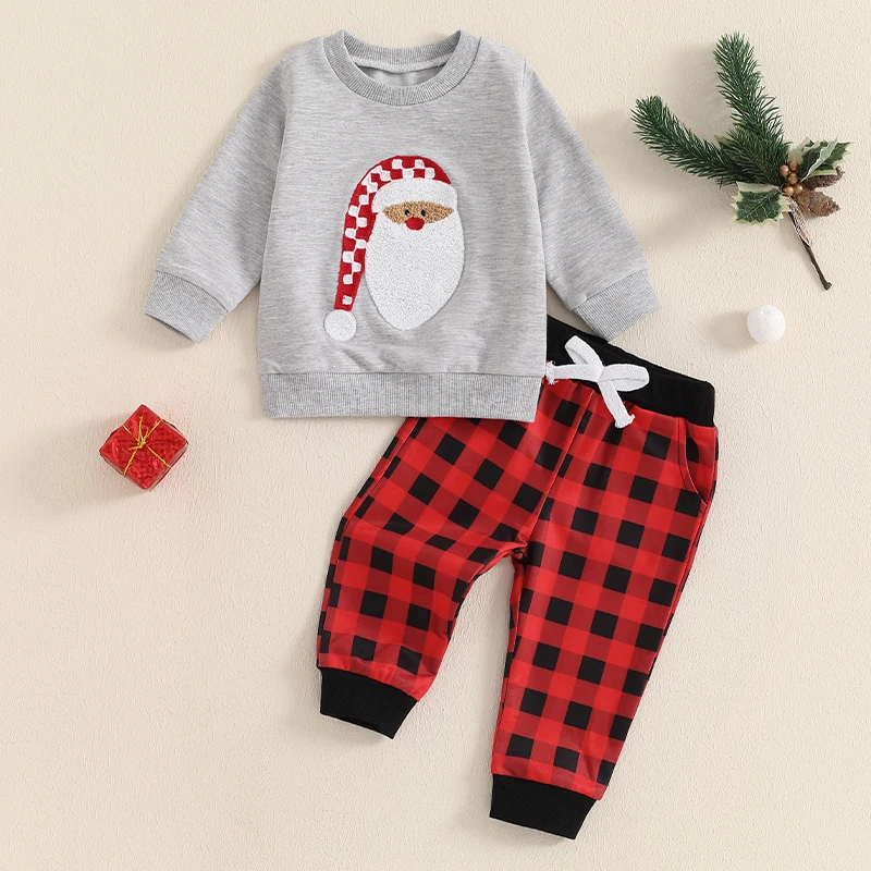 

Suefunskry Toddler Boy Christmas Outfits Santa Claus Embroidery Long Sleeve Sweatshirt with Elastic Waist Plaid Pants 2Pcs Set