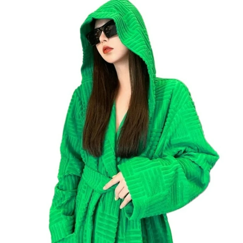 Women's Nightgown with Hood Trendy Fashionable Made of Towel Material Suitable Wearing As An Outer Garment Bathrobe Green Long
