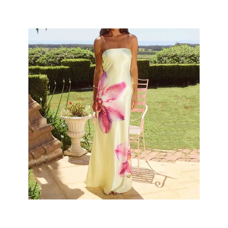 

【New style】Women Summer Long Bandeau Dress Sleeveless Off Shoulder Flower Print Tube Top Dress