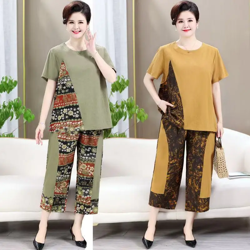 

Модный летний комплект для женщин больших размеров в стиле колор-блок, корейский стиль, с высокой талией, коротким рукавом, круглым вырезом, повседневный.