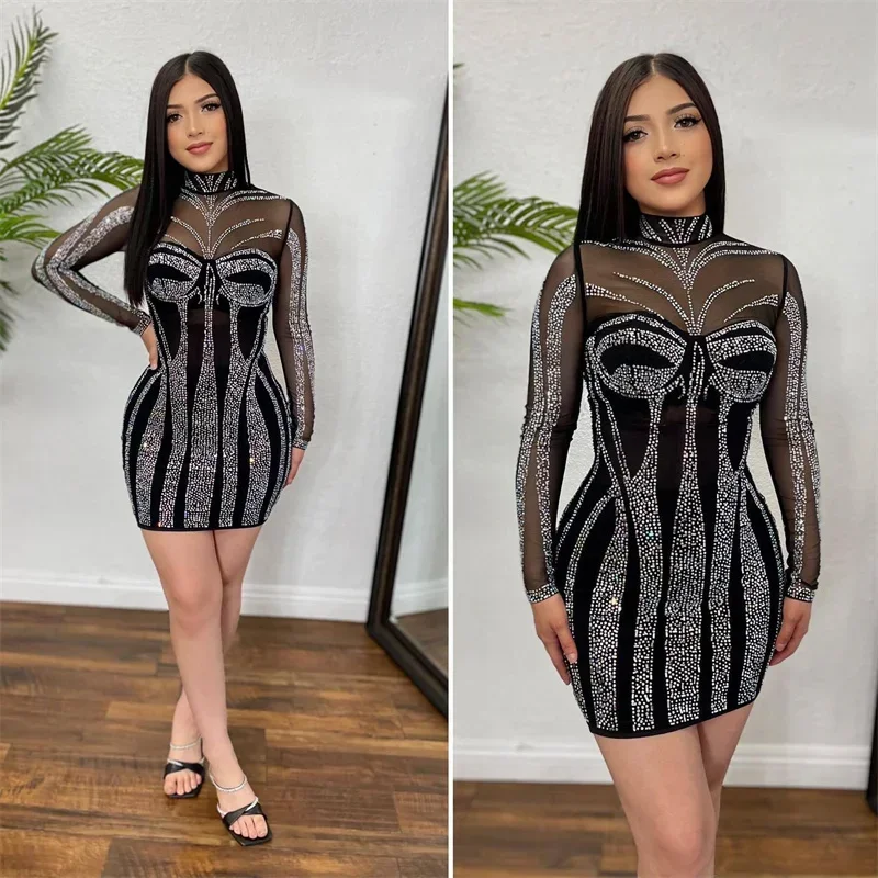 Brilhante diamantes strass vestidos de aniversário luxo feminino elegante noite festa malha retalhos sheer manga longa bodycon vestido