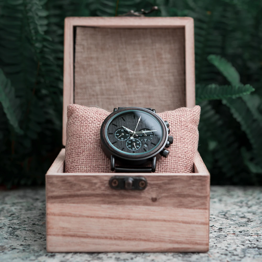 BOBO BIRD Hot Selling Wooden Watch for Men Chronograph Calendar Display Luminous Hands LOGO Customized Dropshipping