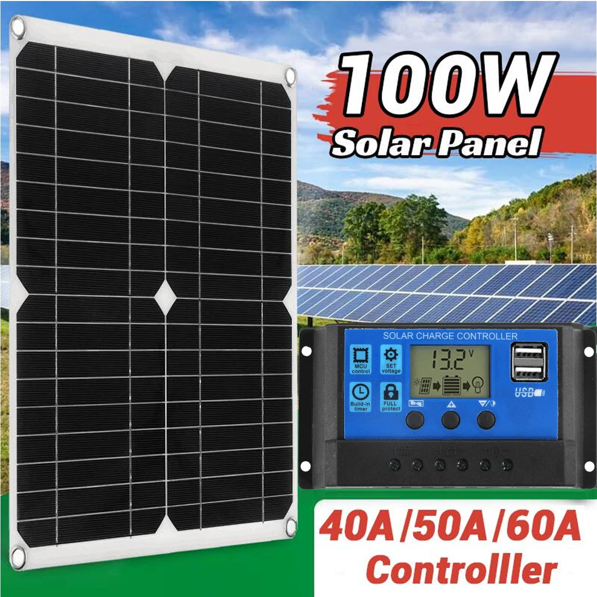 18V Solar Panel 100W Dual USB 5V Solar Panel Battery Charger Controller Camping Hiking Monocrystalline Solar Cell Boat Car Home