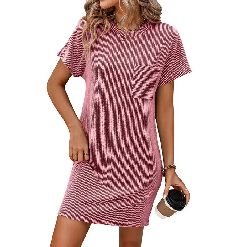 2024 New Fashion Brand Fashion Women's Top Ins Summer Casual Color Contrast Twist Striped Short-sleeve Pocket T-shirt Dress