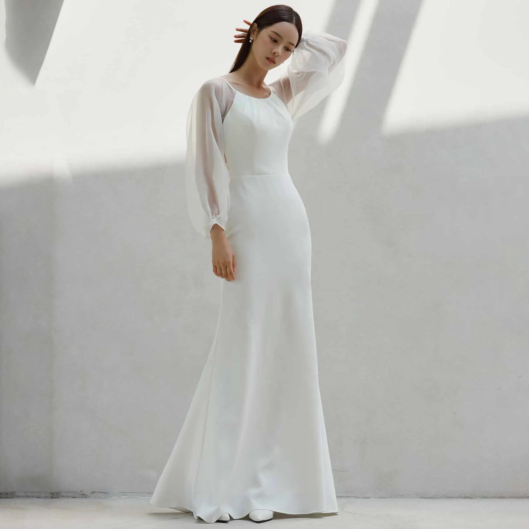 Customized O-Neck  Korea Garden Evening Dress Long Puffy Sleeves Formal 프롬드레스 Floor Length Elegant Prom Grown Party Women Bride