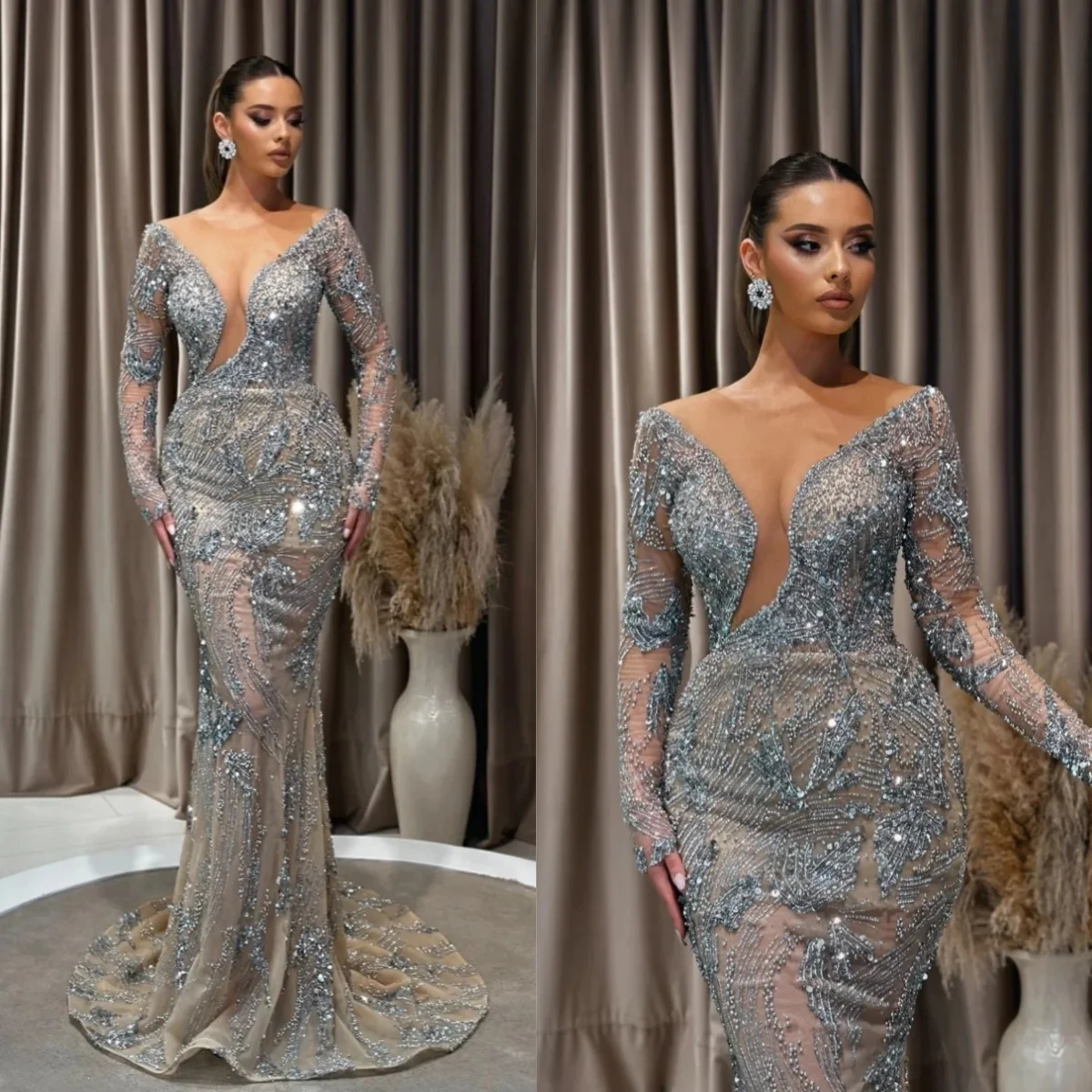 Luxury Long Sleeve Beading Evening Dresses Sexy Crystal Beaded Mermaid Prom Dress Customized Floor Length See Through Party Gown