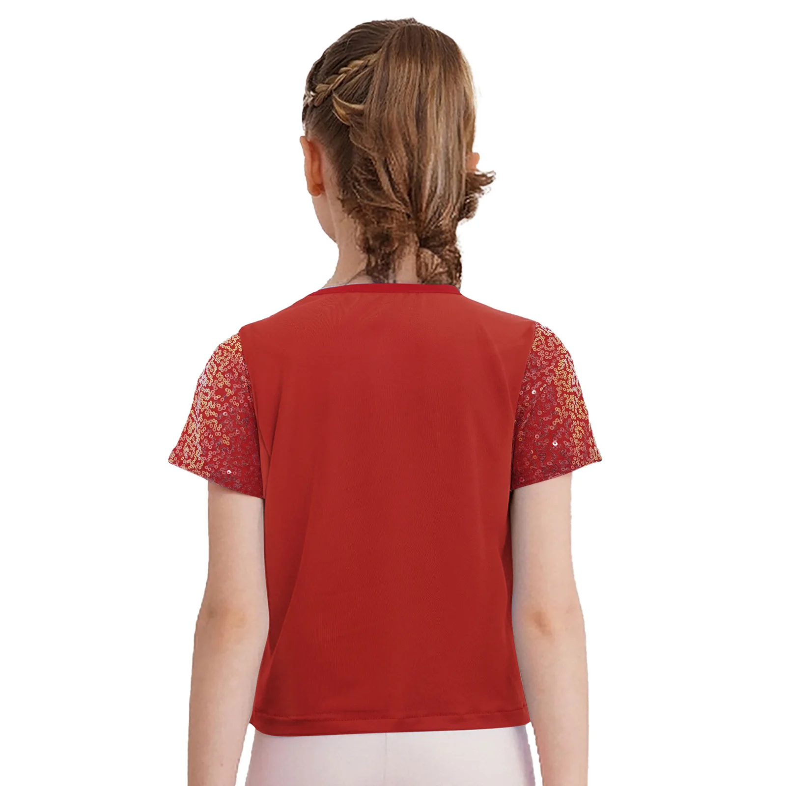 Camiseta de porristas brillante para niñas, camisa de lentejuelas de manga corta para puesta en escena de baile y deportes de equipo para uso informal