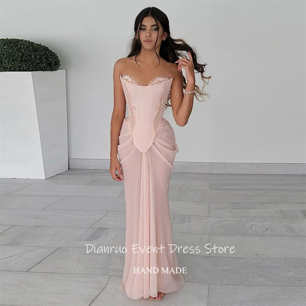 Dianruo فساتين سهرة أنيقة على شكل قلب حورية البحر طويلة من الشيفون فساتين حفلات بدون أكمام كريستال Ruched Vestido De Noiva مخصصة