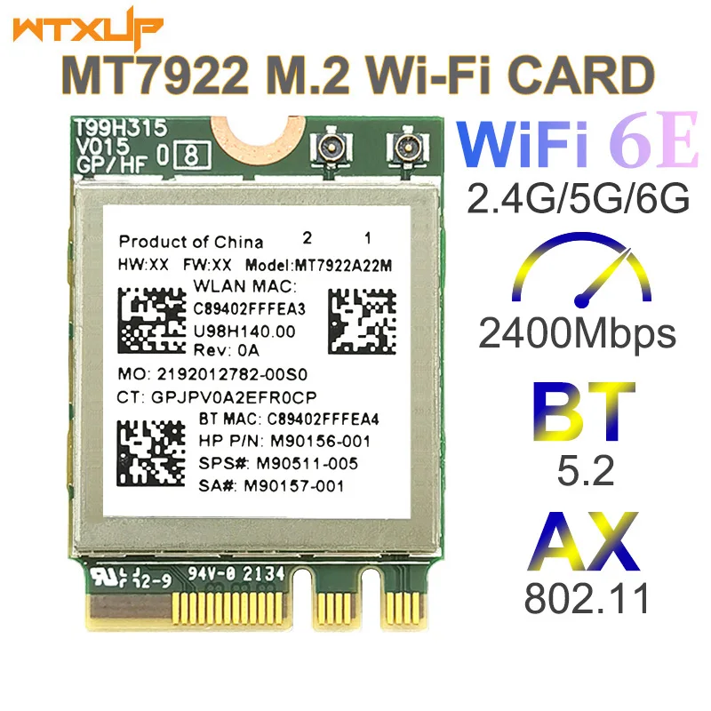 Used Wi-Fi 6E MT7922 wireless LAN card 2400Mbps wifi network card 2.4G 5G 6G 802.11AX M.2 NGFF for Bluetooth 5.2 MU-MiMO adapter