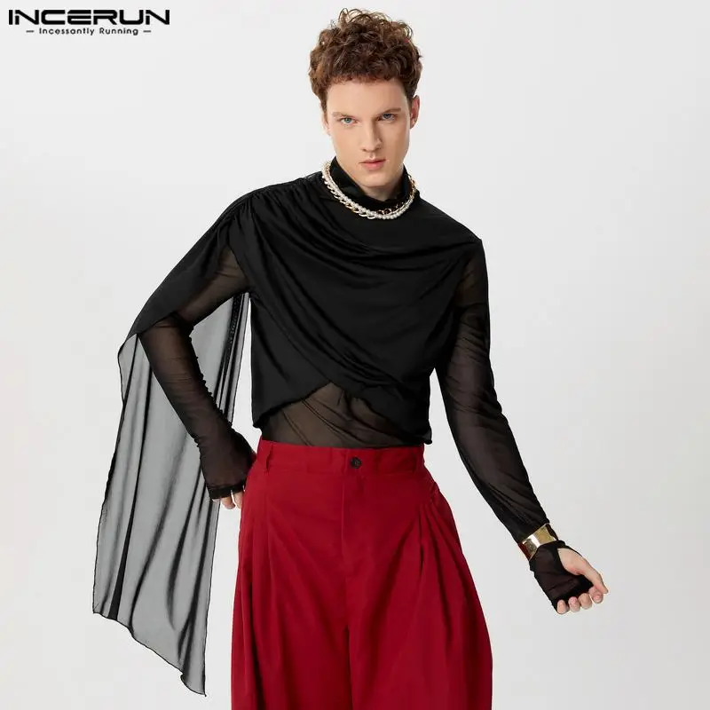 INCERUN Tops 2024 American Style Men\'s Cross Deconstruction Ribbon Design T-shirts Fashion Male Thin Long Sleeved Camiseta S-5XL