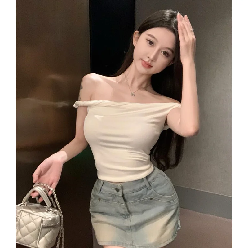 

Women's Clothing Bottom Shirt Spicy Girl One Word Collar Design Off-shoulder Solid Color Temperament Top French Sexy Slim Top