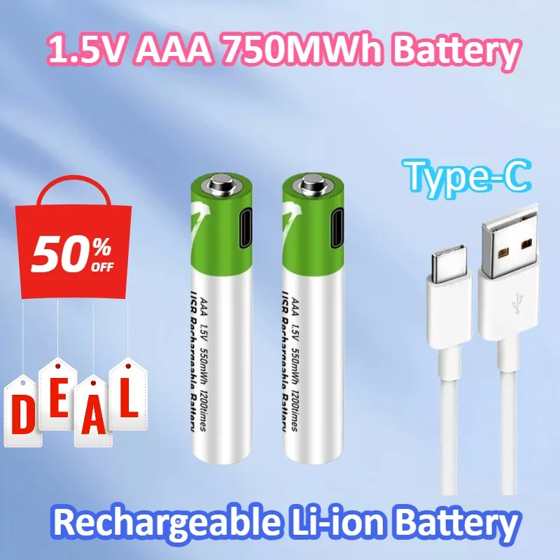 

2-8pcs 1.5V AAA 750MWh USB Type-c Rechargeable Li-ion Battery for Remote Control Wireless Mouse Small Fan Electric Toy Battery