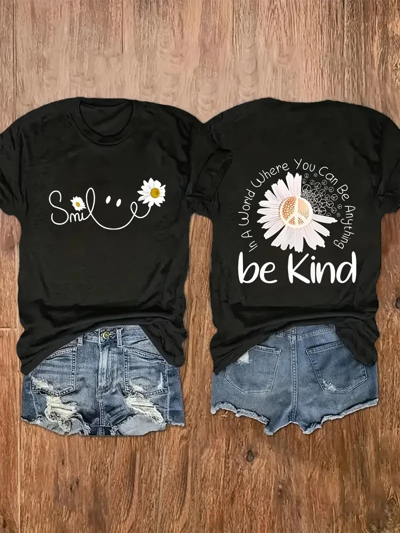 

Летняя повседневная женская футболка больших размеров с цветочным принтом, круглым вырезом, стандартного кроя — дизайн «Smile» и «Be Kind»