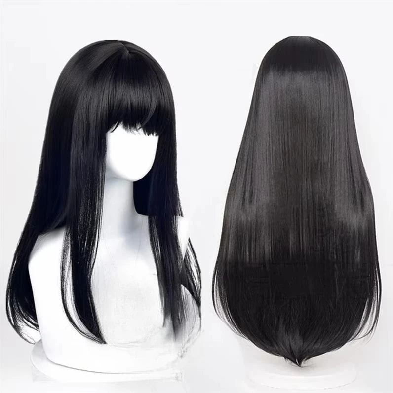 Cartoon Character Cosplay Hair Extensions Synthetic Wigs Natural Breathable Head Cover Black Long Straight Wig Hat for Women