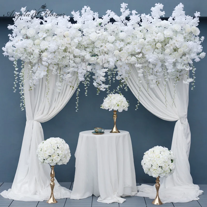 

Luxury White Rose Cherry Blossom Hang Wisteria Floral Arrangement Wedding Backdrop Decor Flowers Row Banquet Event Party Props