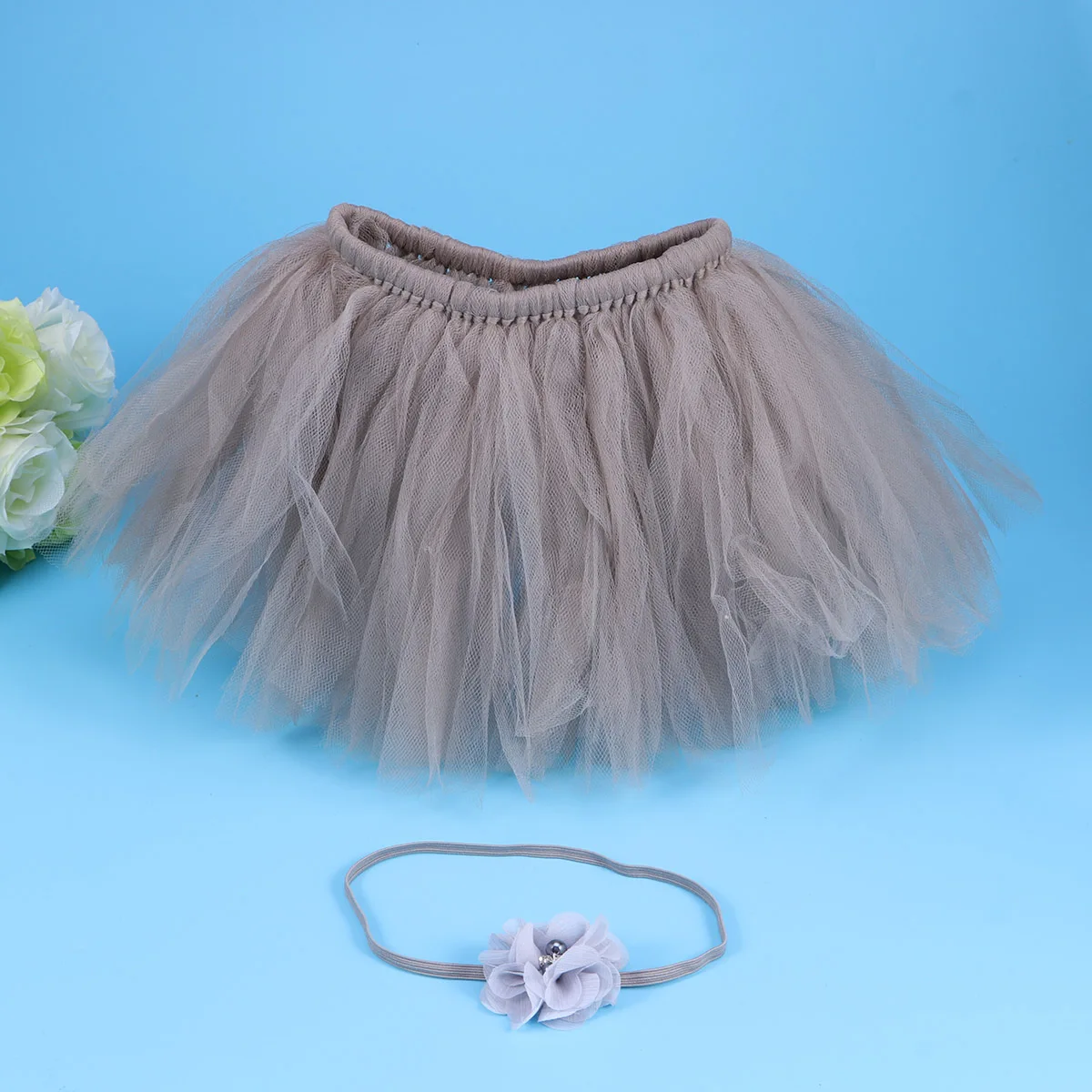 

Red Mini Skirt for Girls Soft Polyester Fabric Lightweight Tulle Photography Dress with Flower Headband Tutu Skirt