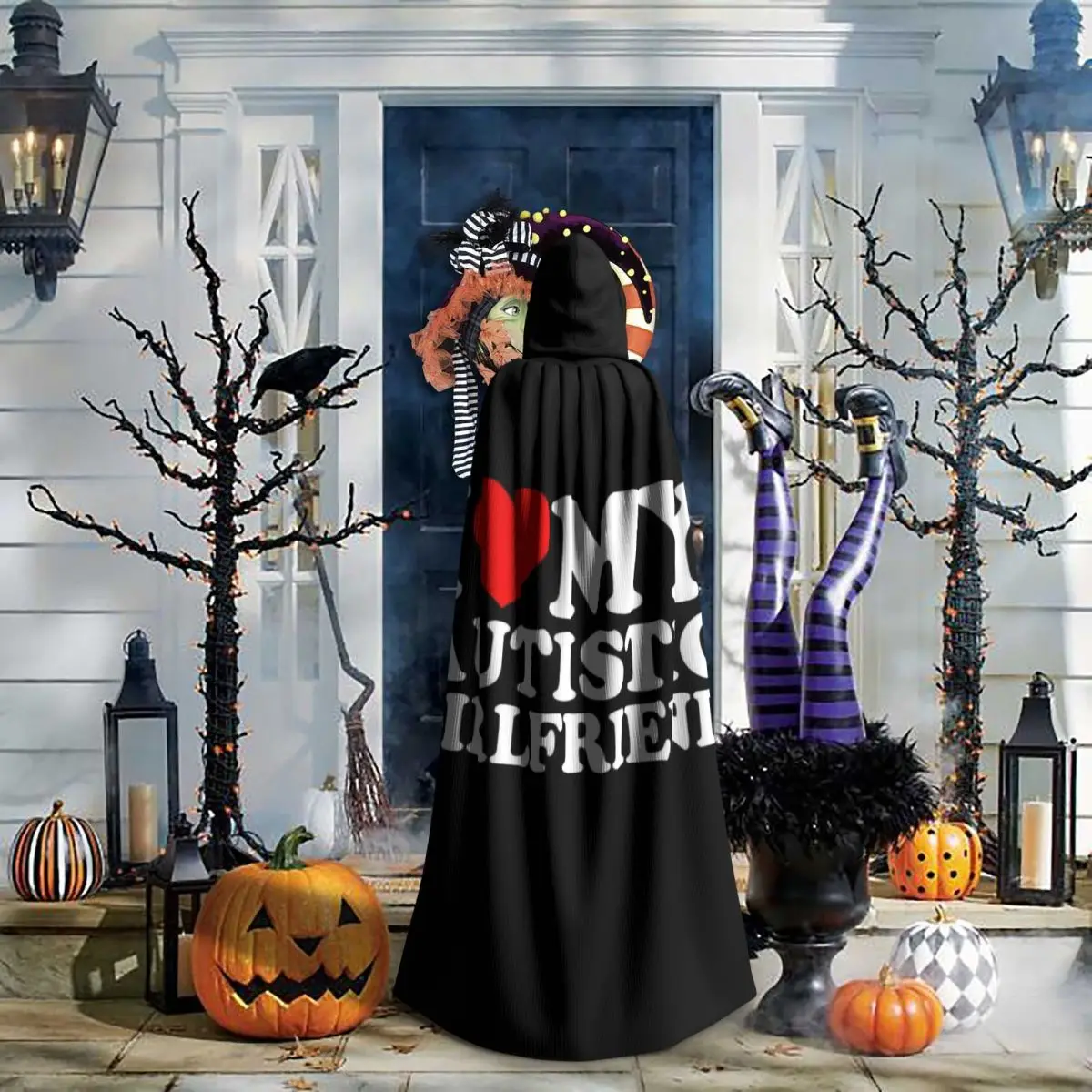 I Love My Autistic Girlfriend I Heart My Autistic GF Long Hooded Cloak Witch Medieval Costume Cosplay Cape HalloweenCoat - view 5
