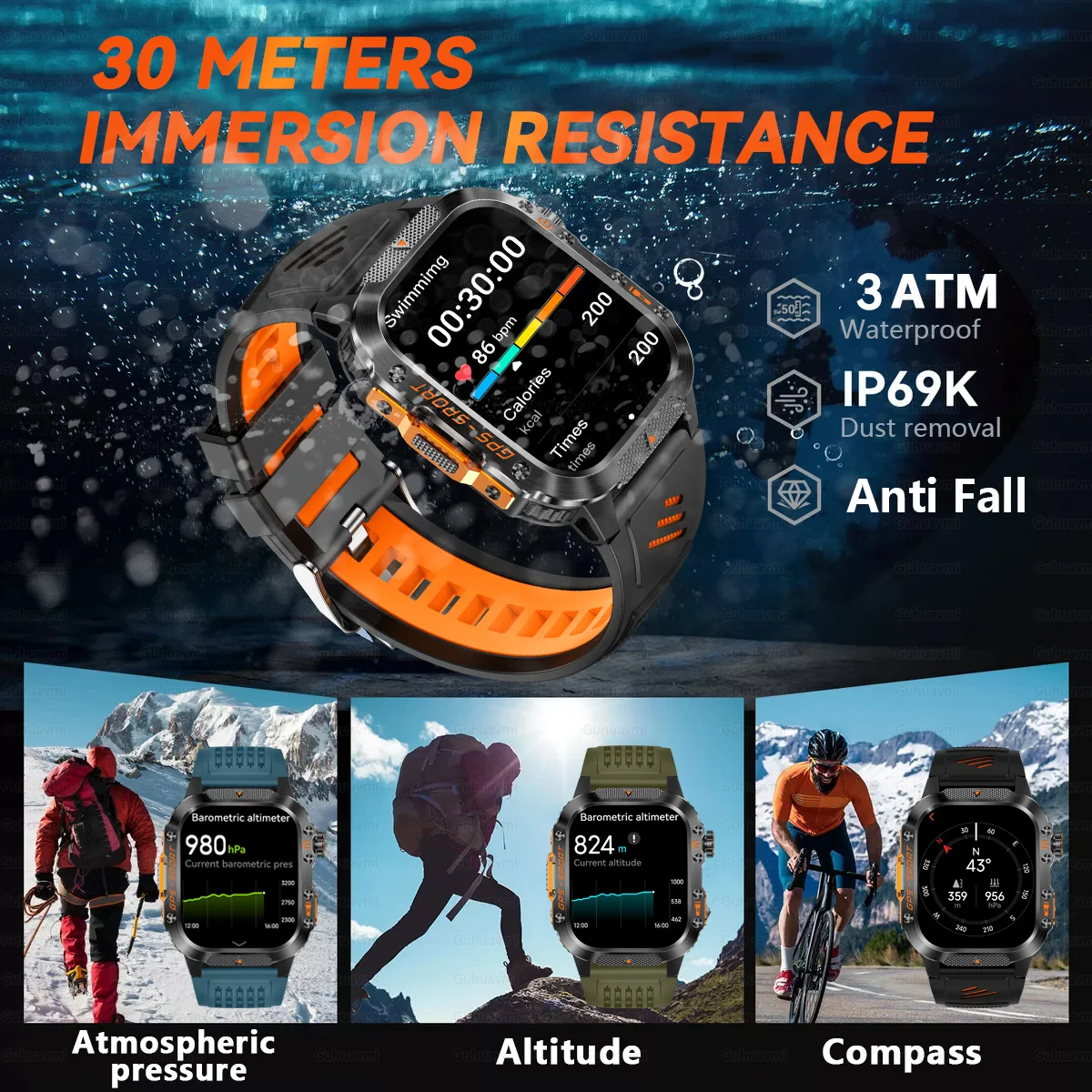Military Smart Watch Bulit-in GPS Compass Altimeter 3ATM IP69K Waterproof AMOLED Bluetooth Call 2.01"Smart watch For Android IOS - Image 3