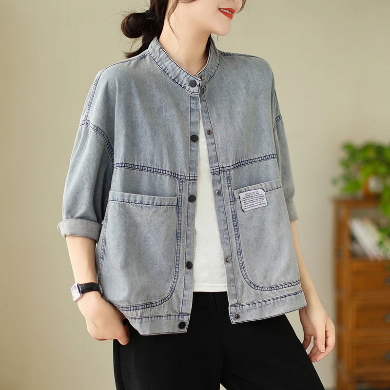 

Women's ort Denim Jaet Spring Autumn Versatile Design Unique Workwear Sle Top Trendy Cotton Polyester Blend Loose Fit