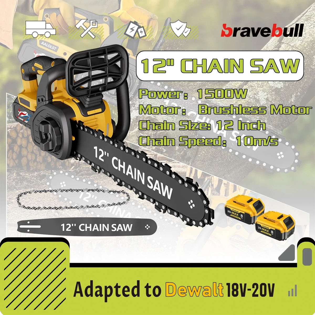 Kit de sierra eléctrica inalámbrica sin escobillas de 12 pulgadas, sierra de cadena portátil para cortar madera de jardín, herramienta eléctrica para batería Dewalt de 20V