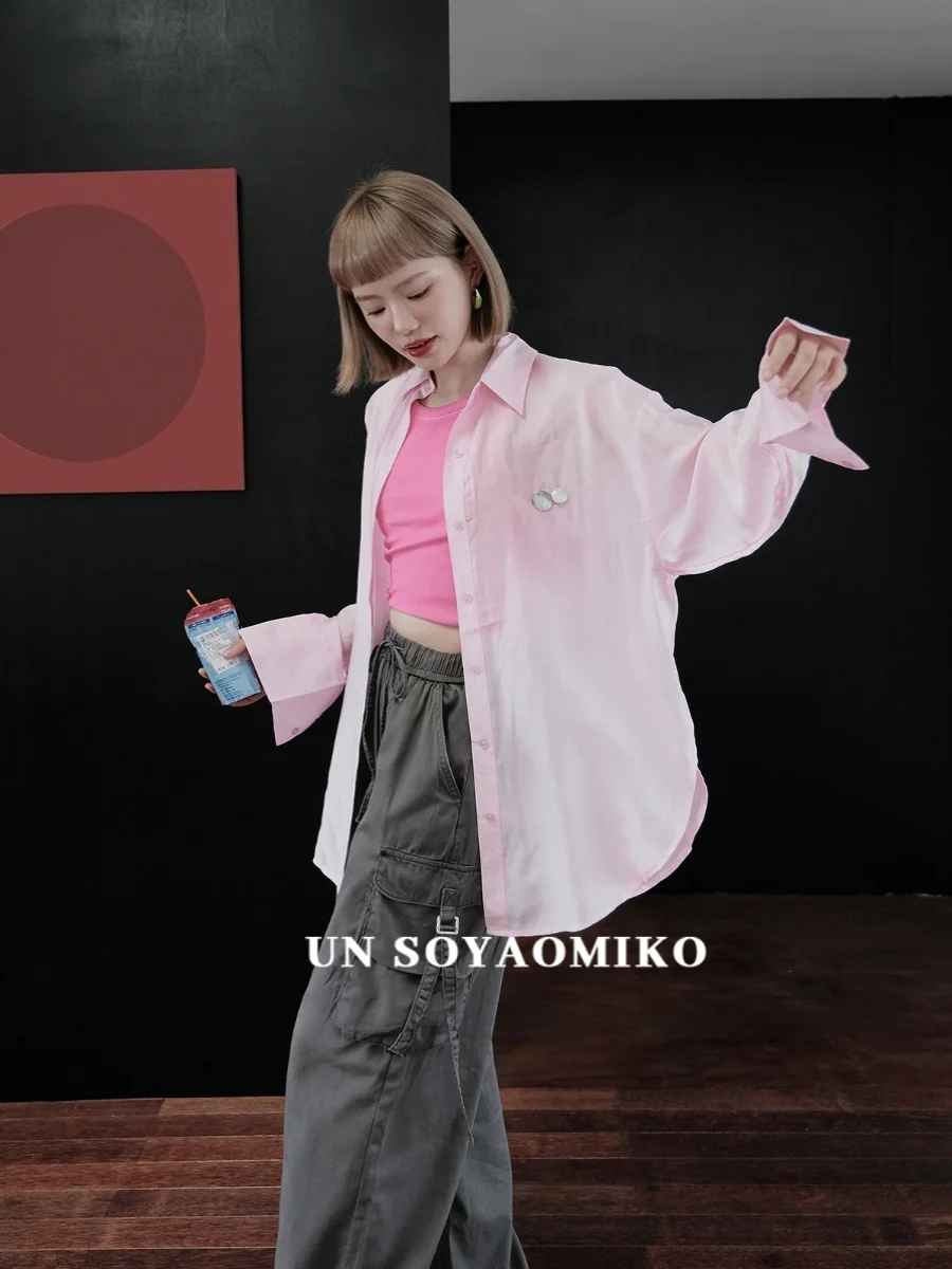 

Солнцезащитная свободная женская верхняя одежда с пуговицами, длинная блестящая розовая кофта для девочек...