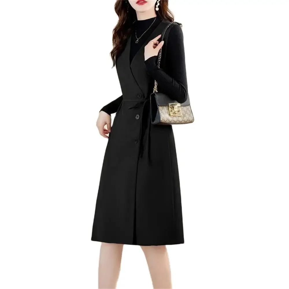 

Women's Sleeveless Slim Vest Coat With Belt Tank Dresses Overcoat Outerwear Knee Length Collect Waist Spring Autumn Fashion