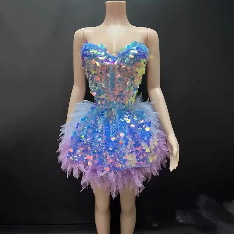 

Sexy Bandage Crop Tops Mini Skirt 2Pieces Set Women Performance Costume Sparkly Sequins Birthday Queen Mesh Mini Dress