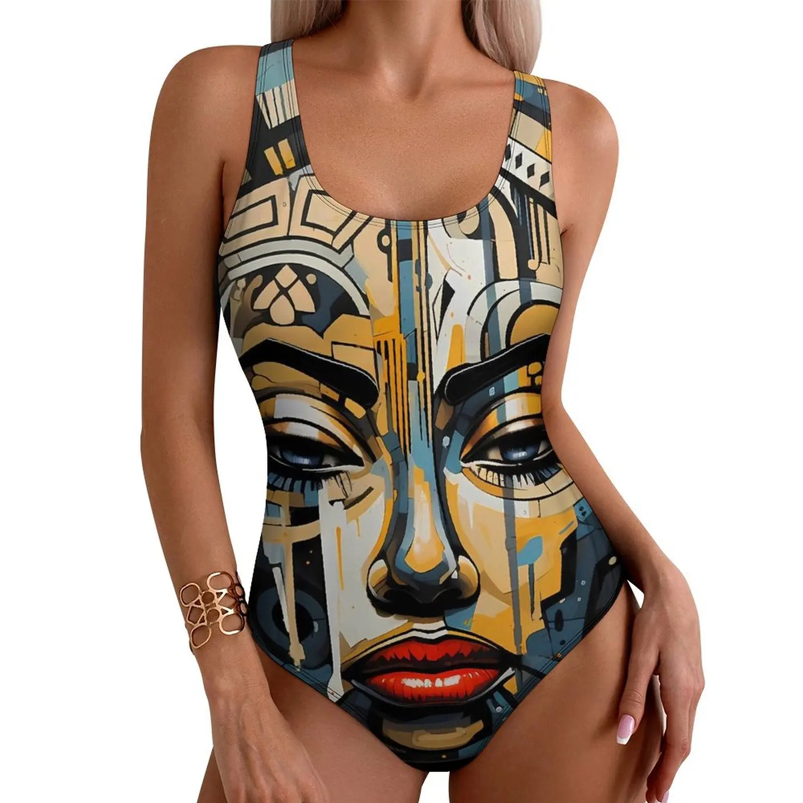 Lady Face Print Swimsuit Abstract African Swimwear One Piece Holiday Surf Design Swimsuits Bathing Suits Push Up Sexy Beach Wear