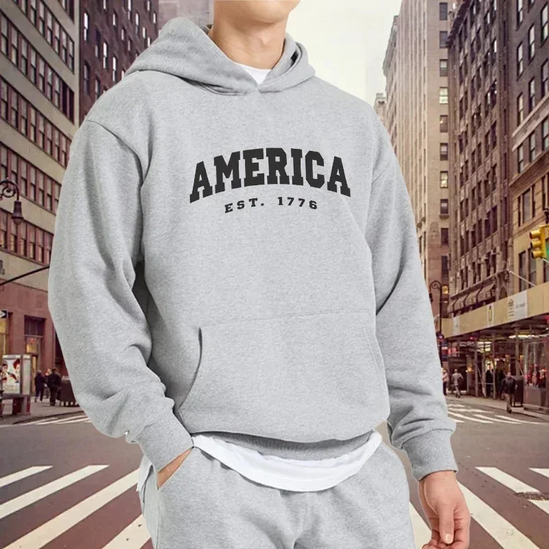 Man Women Street Style Tops America Est 1776 Print Hoodies Autumn Long Sleeve Sweatshirts Outdoor Loose Sport Clothes