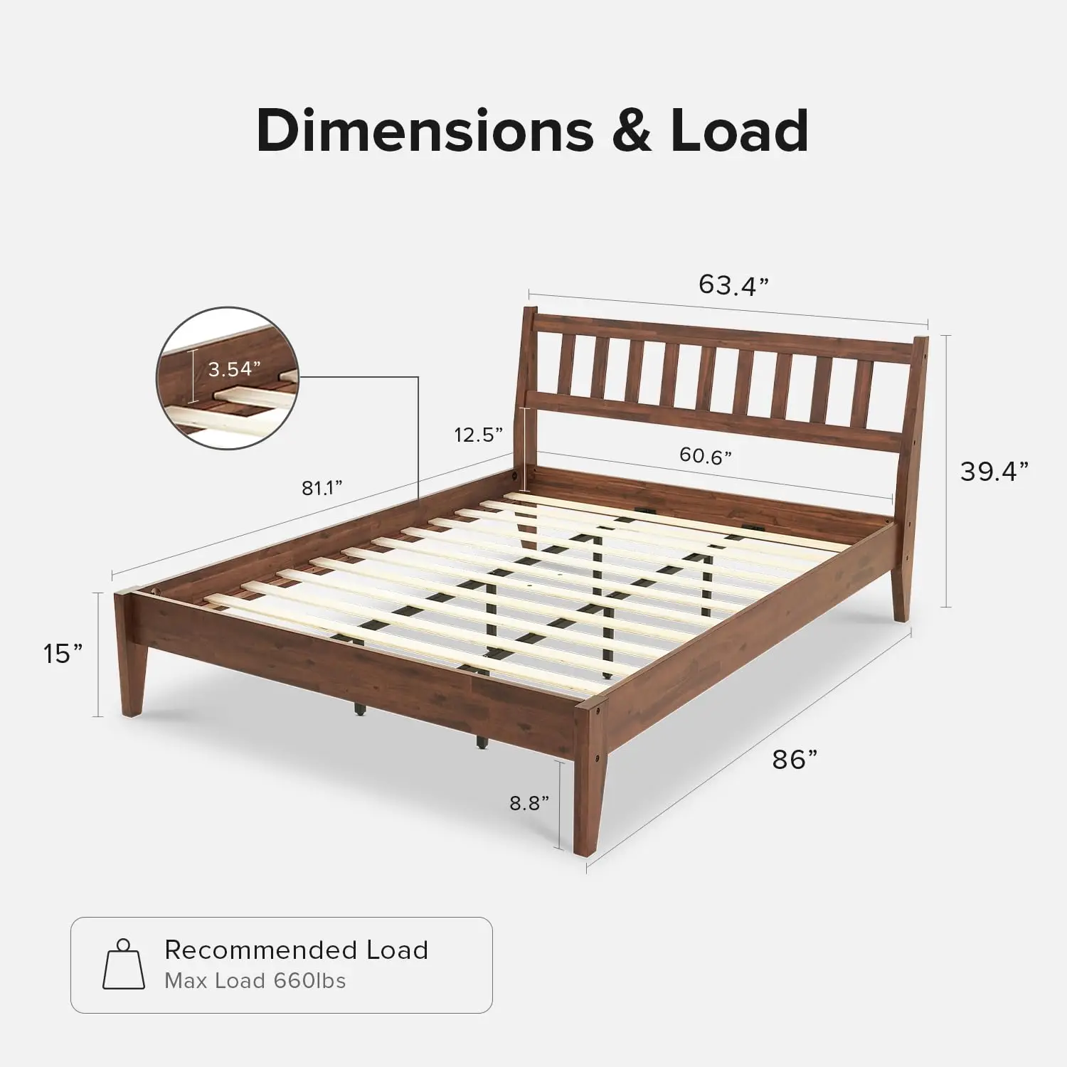 Mid Century Acacia Wood Platform Bed Frame Headboard Slats No Box Spring Metal Bar Queen, Customized