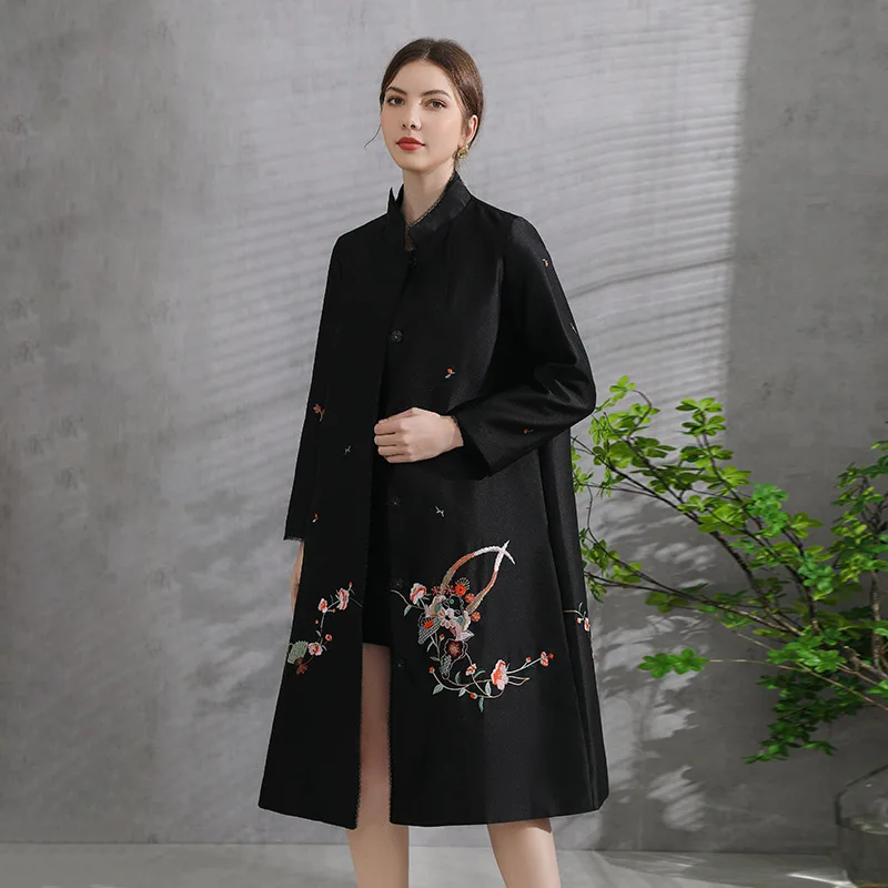 High-end Elegant Lady Outerwear Spring Autumn  Embroidery Retro Women's  Trench Coat Female M-XXL