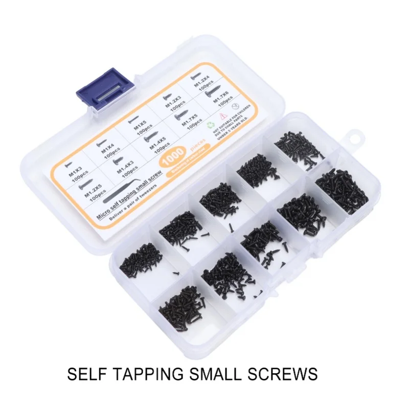 1000Pcs Self Tapping Small Screws Assortment M1 M1.2 M1.4 M1.7 Black Pan Head With Tweezers
