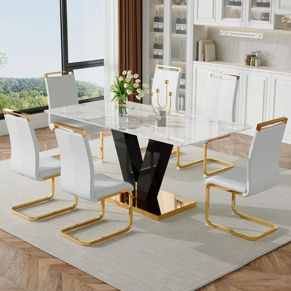 Table Set for 6,Marble Dining Table Set,71'' Rectangular Glass Dinner Table and 6 PU Chairs,White  and Chairs