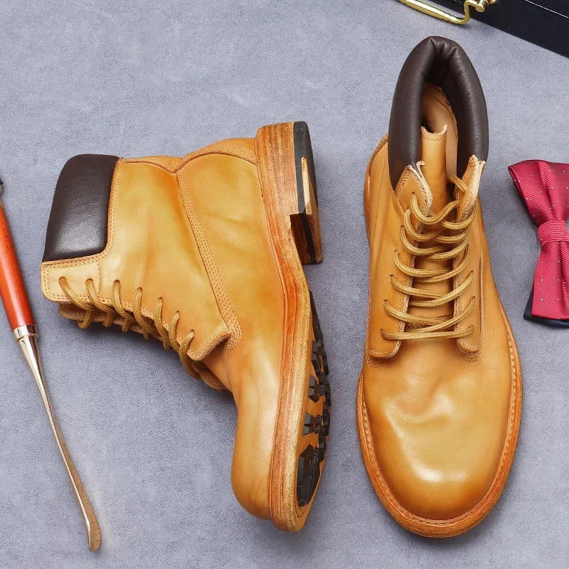 

Big Yellow Boots Goodyear Handmade Genuine Leather Sole Casual Leather Boots Men's Thick Sole Trendy High Top Soft Cowhide Shoes