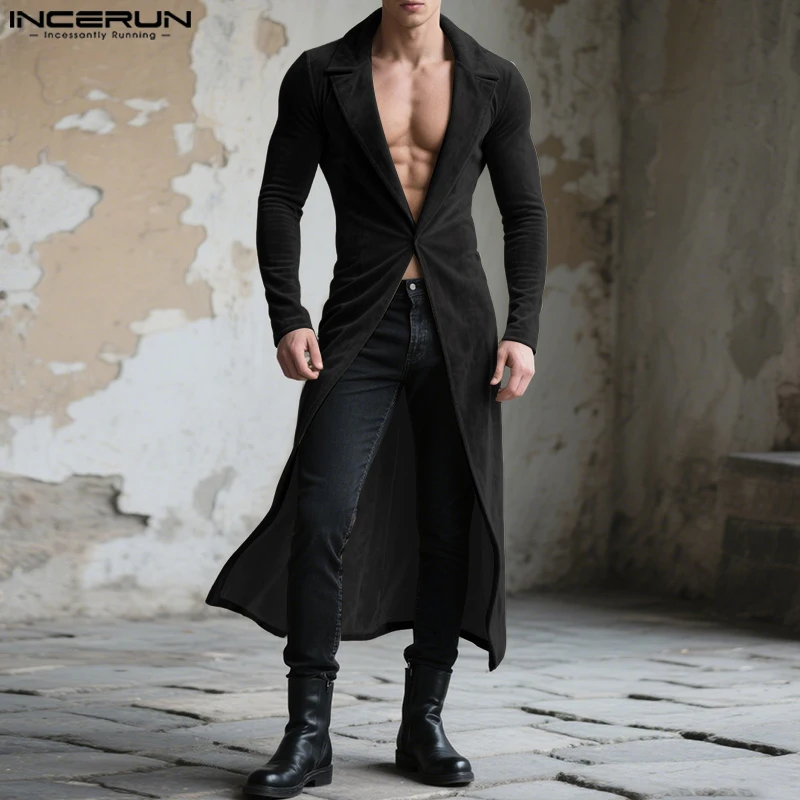 

INCERUN мужской длинный стильный пиджак, однотонный повседневный костюм с лацканами и длинными рукавами, мужская уличная одежда, 2025 г., модные пальто на одной пуговице, верхняя одежда