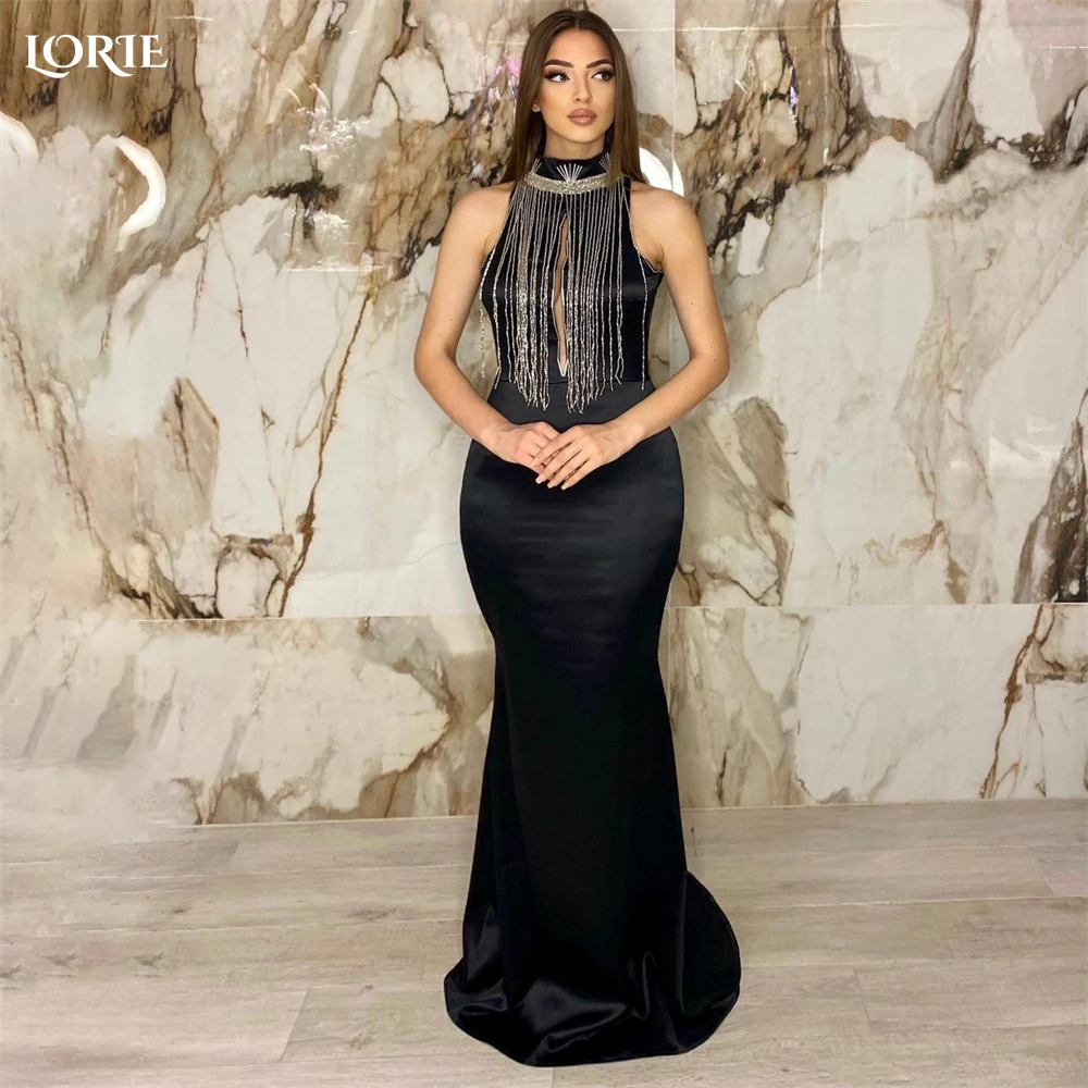 

LORIE Black Mermaid Evening Dresses Luxury High Neck Satin Bodycon Arabia Prom Dress Dubai Shiny Beaded Tassel Party Gowns 2022