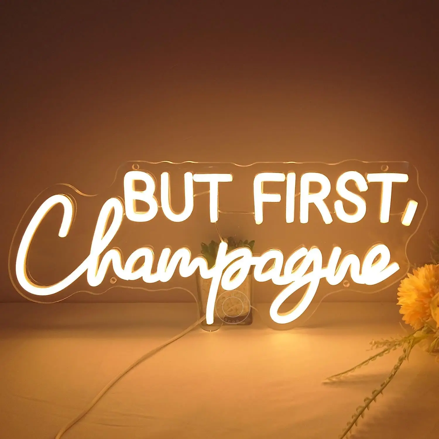 Aber zuerst: Champagner-LED-Neonschild, warmweißes hängendes Neon-Wandlicht, USB-betriebene Dekorationslampe für Bar, Hochzeit, Junggesellinnenabschied, Schlafzimmer-Wandkunst.