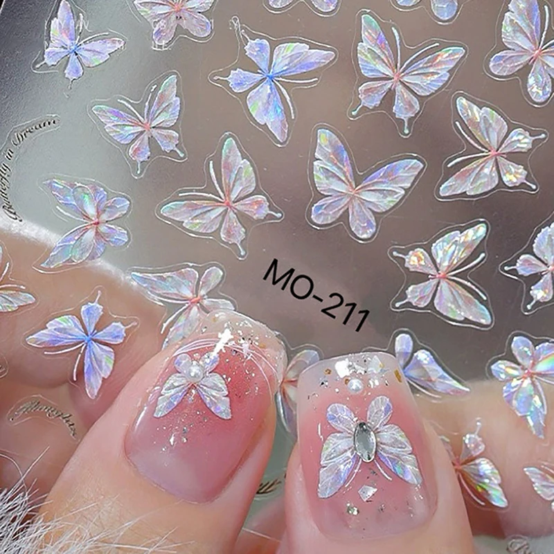 3D Butterfly Nail Art Stickers Strong Adhesive Y2K Mirror Gold Silver Aurora Laser Nail Stickers DIY Manicure Decoration Salon