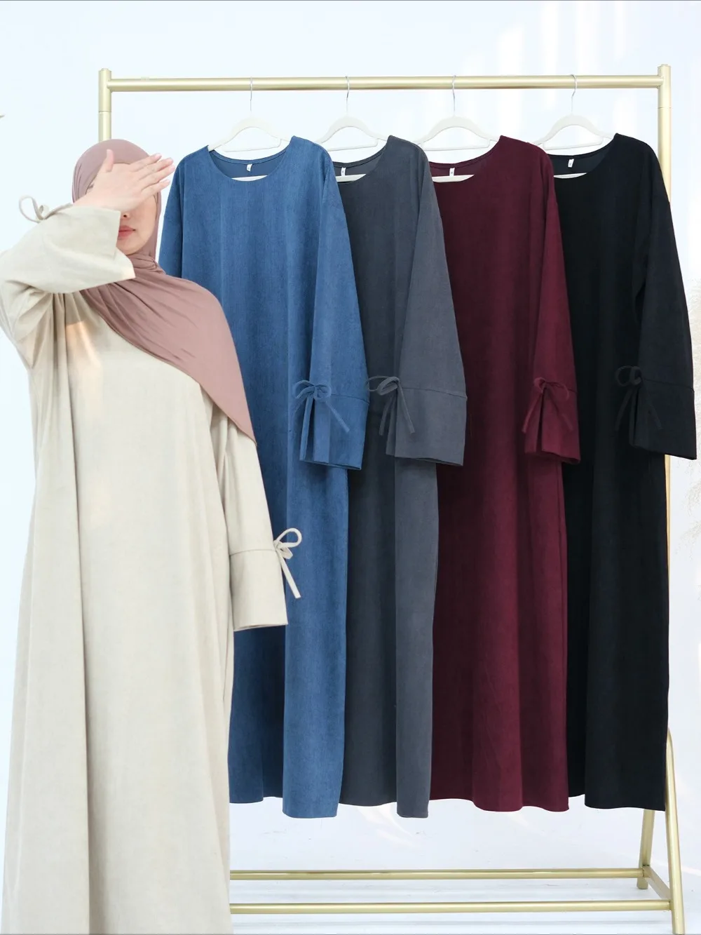 

Eid Women Dress Abaya Bow Split Sleeve Muslim Jalabiya Ramadan Solid Corduroy Vestidos Largos Islam Party Dresses Arab Long Robe