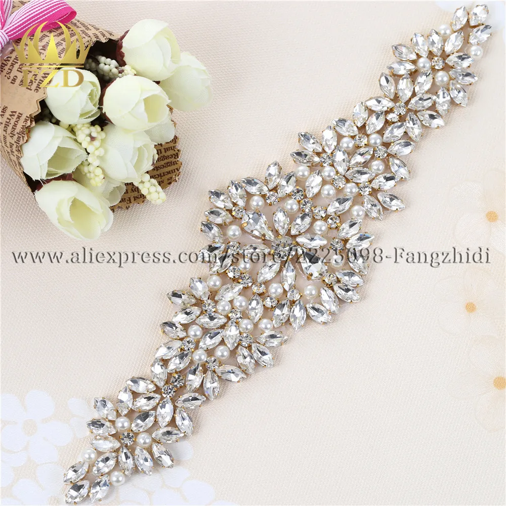 (1 piece) Wedding Rhinestones Applique Crystal Hot Fix Rose gold  Clear Rhinestones Designs for Bridal Sash or DIY Wristbands