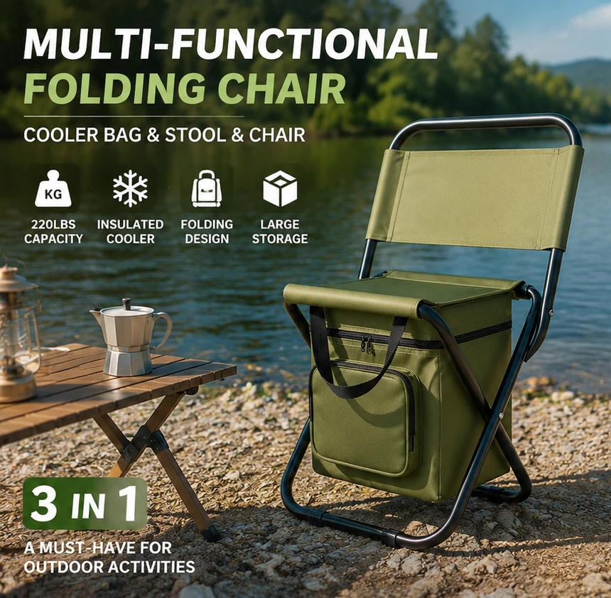 Portable Camouflage Folding Camping Chair 3 in 1 Outdoor Fishing Chair Leisure Seat with Ice Cooler Bag Picnic Travel