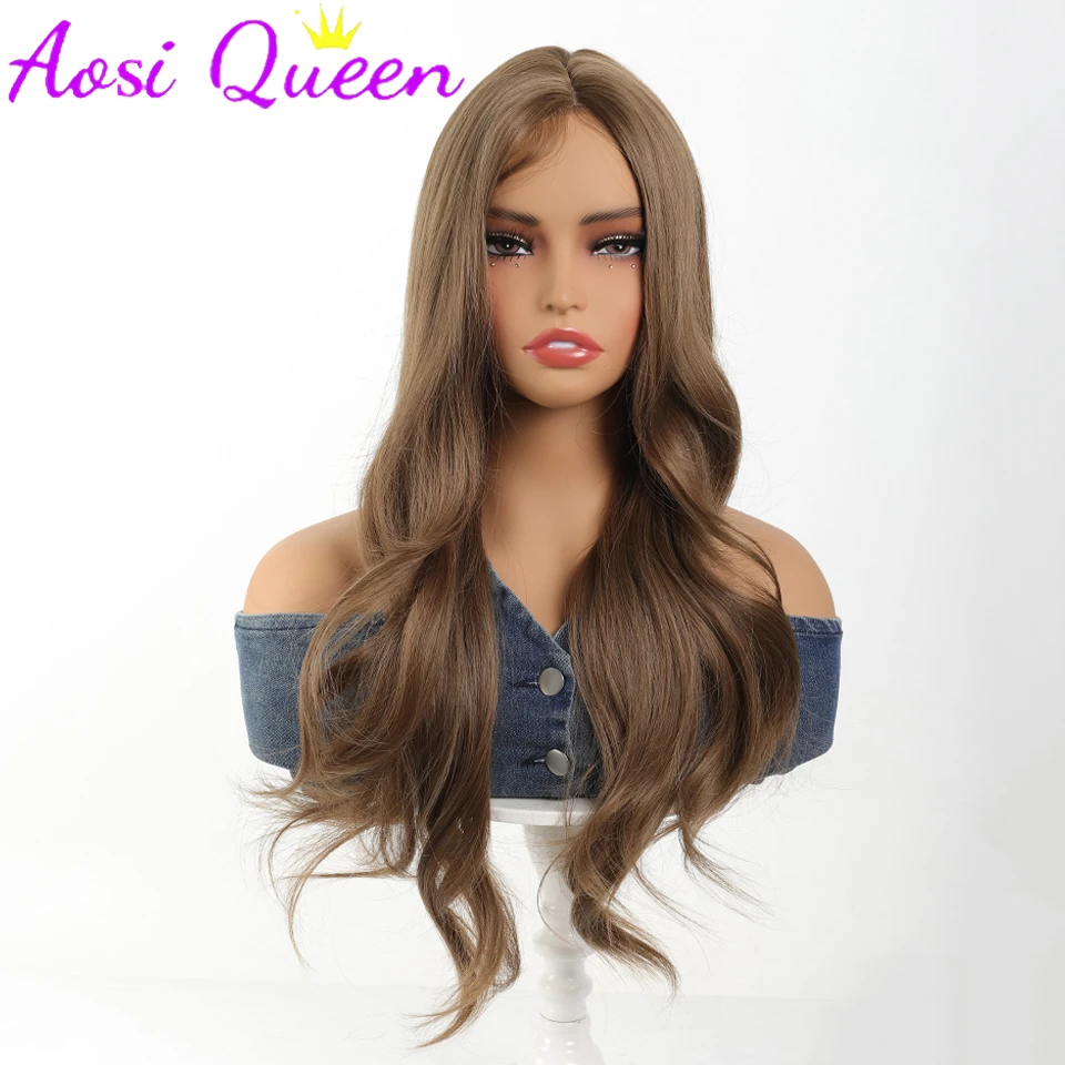 AosiQueen Card Brown Long Wavy Synthetic Wigs Middle Part Natural Wave Wig Heat Resistant Cosplay Party Daily Hair Wig for Women