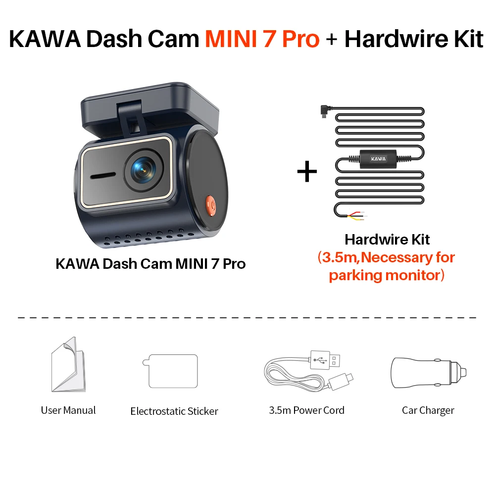 KAWA 4K Front Dashcam MINI 7 Pro, WiFi autocamera met APP/stembediening/WIFI6/GPS, automatische video recorder, dashcam, HDR, dashcamera